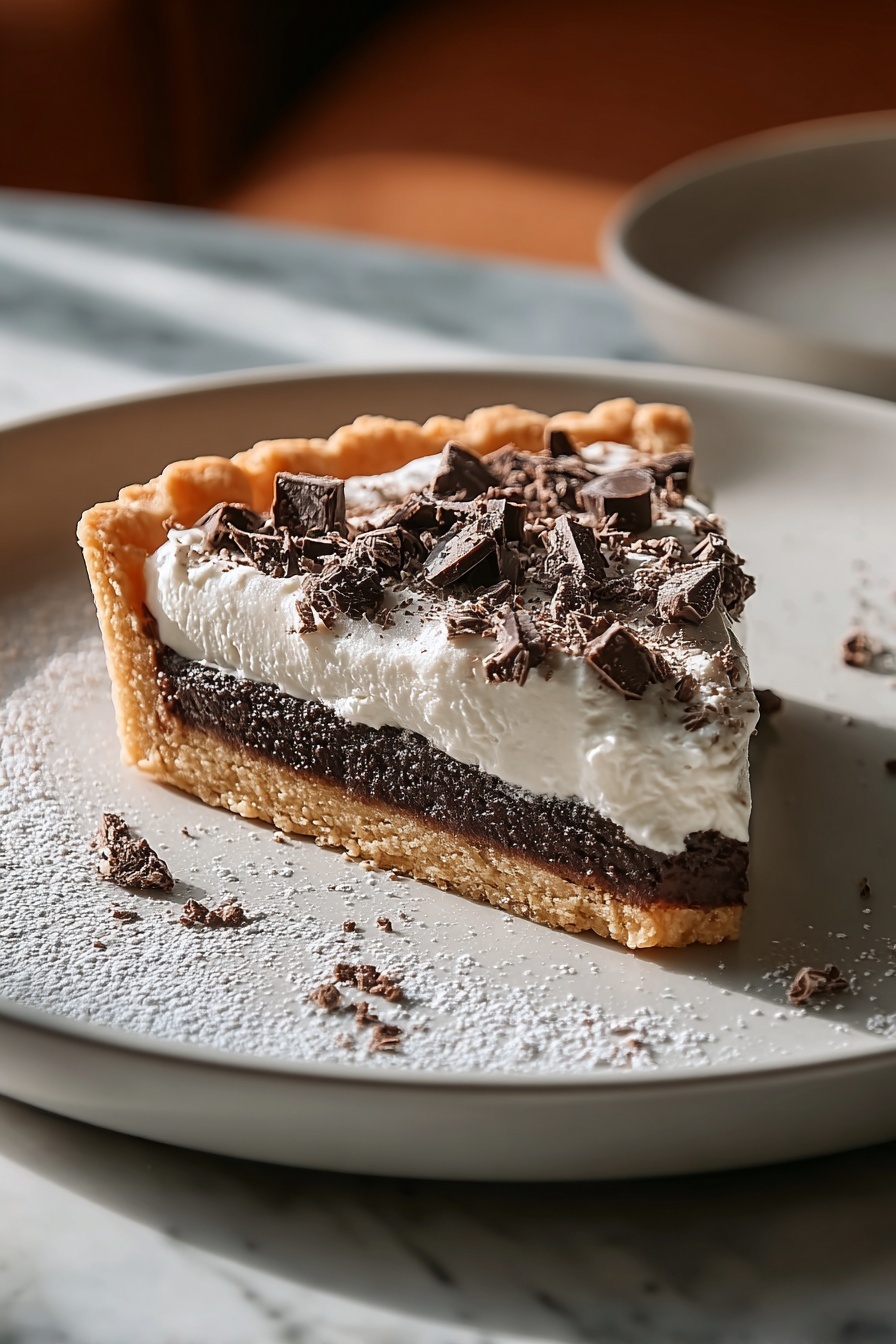 A slice of chocolate chip cannoli pie on a plate.