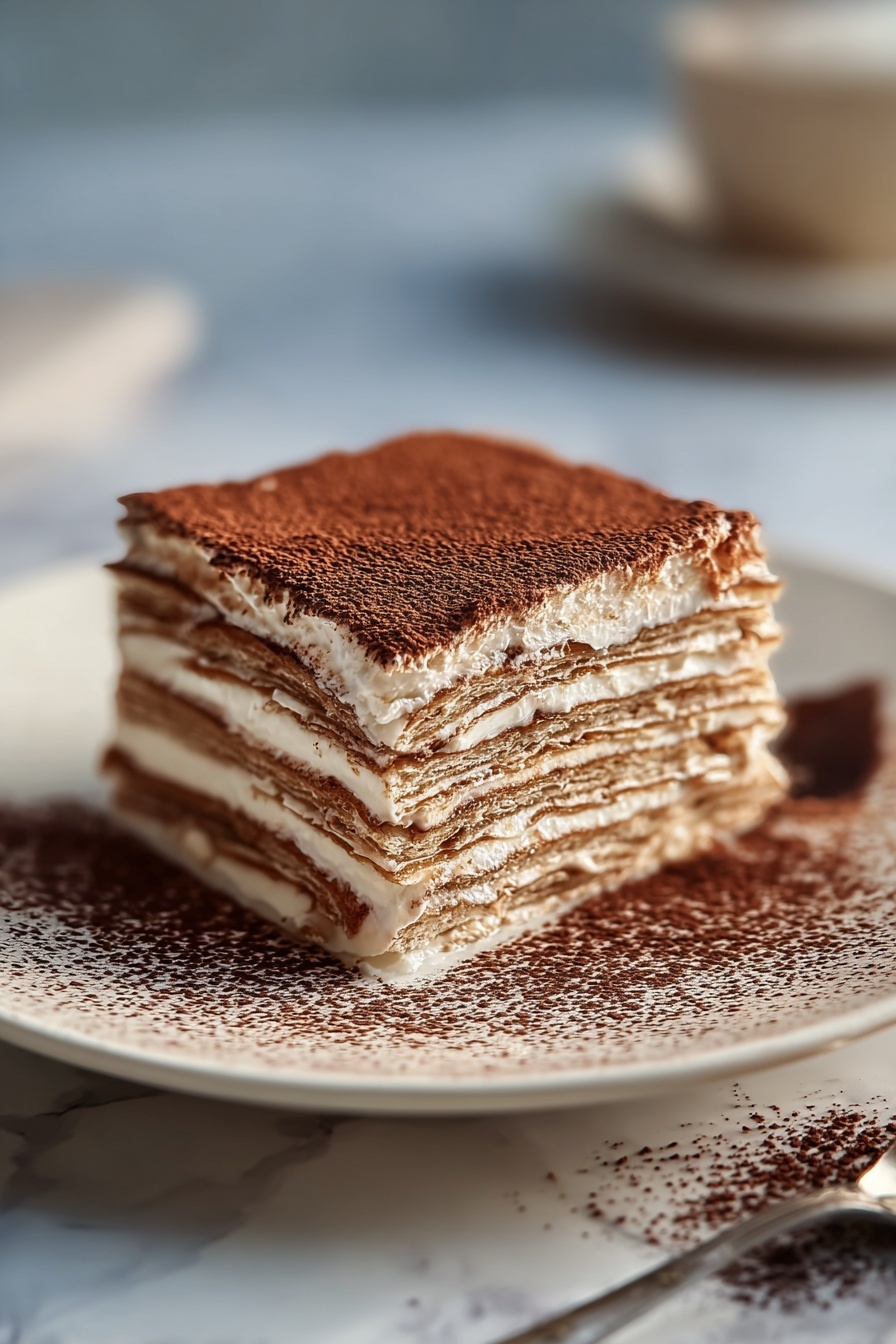 A slice of Tiramisu Crepe Cake.