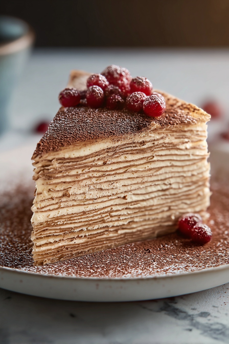 A slice of Tiramisu Crepe Cake.