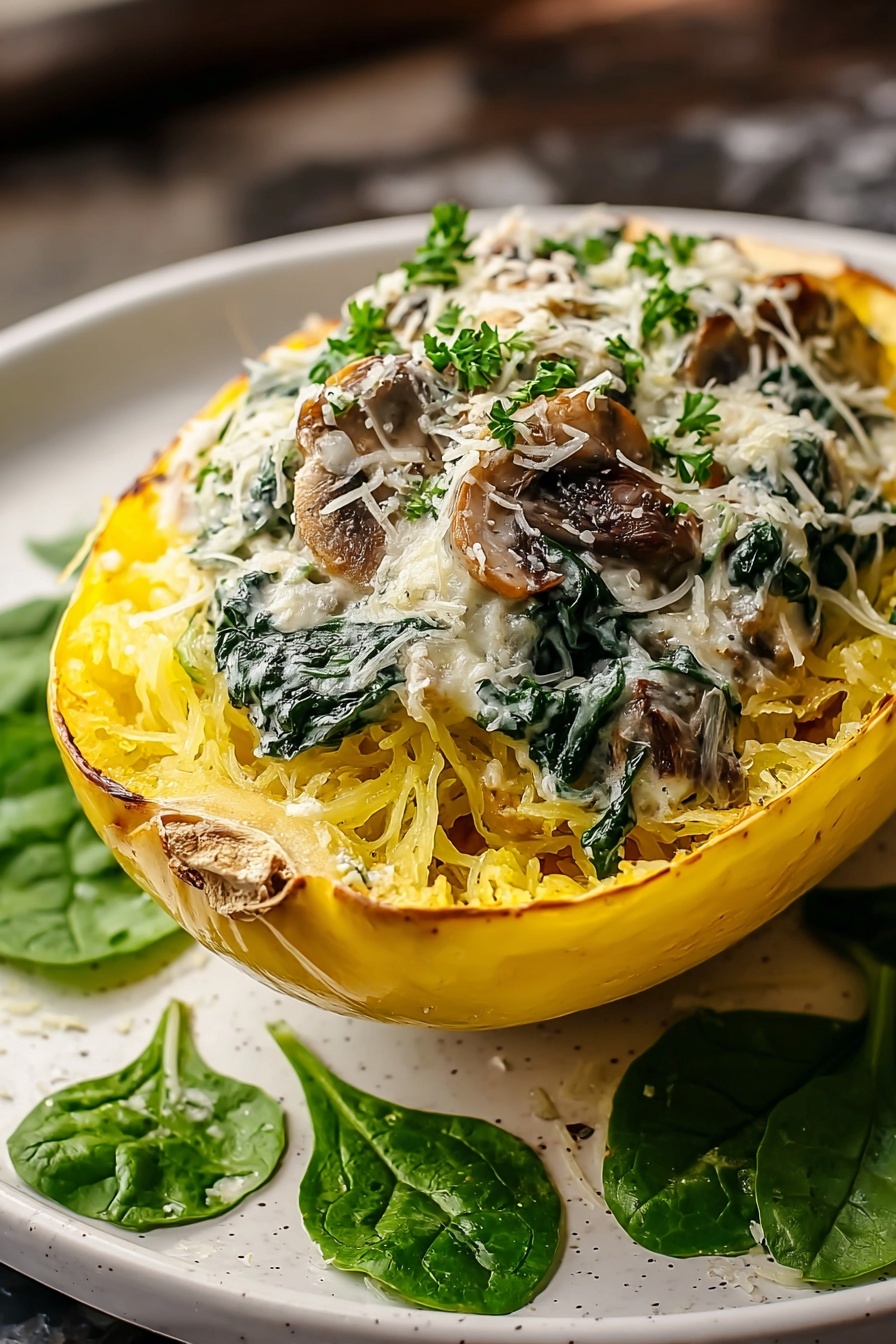 A plate of food with a yellow squash, mushrooms, and spinach.