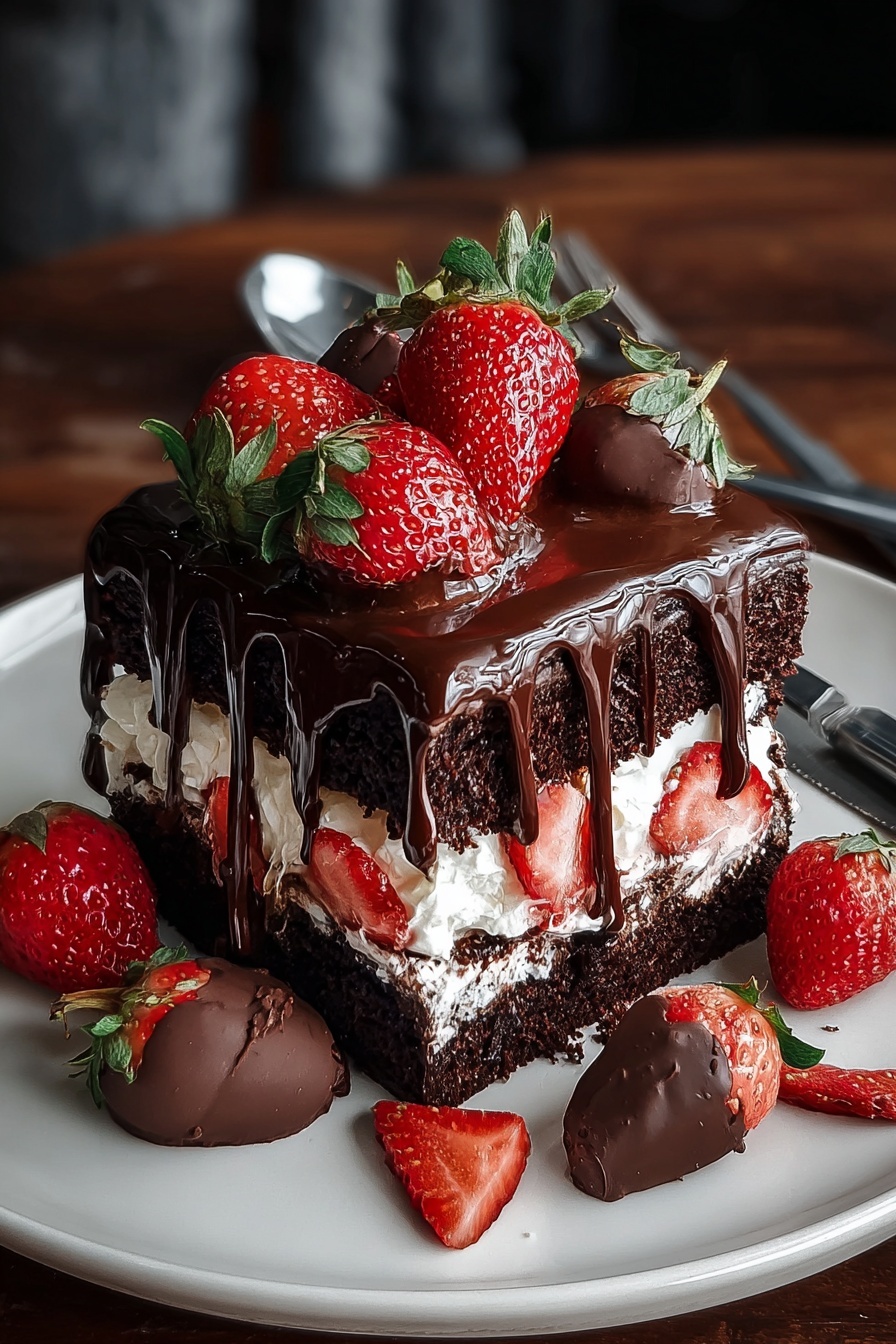 A slice of chocolate strawberry drip cake.