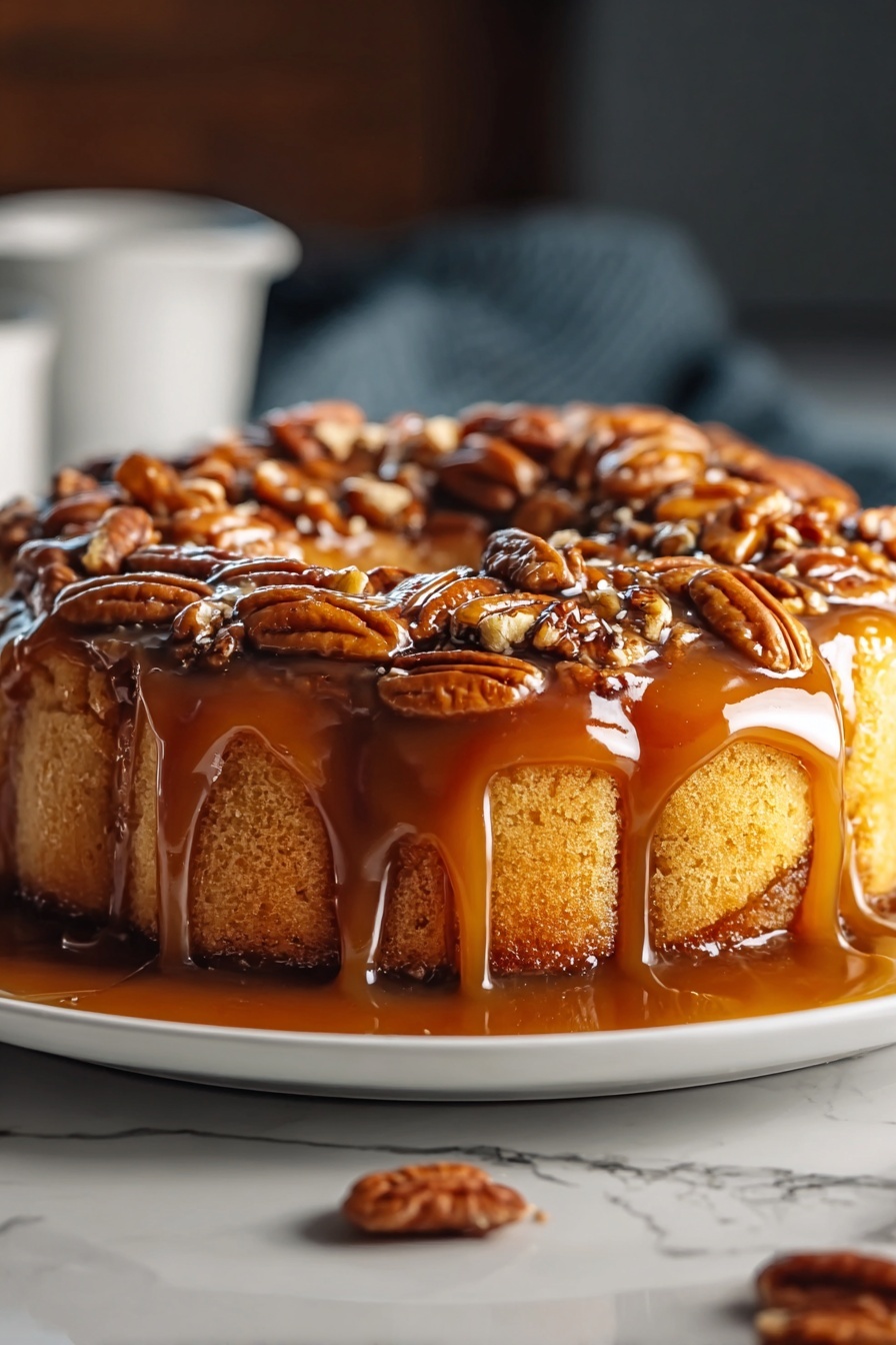 A cake with a caramel glaze.