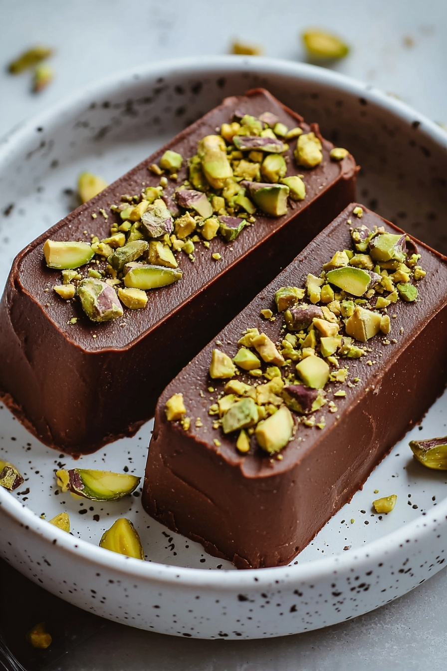 Two pieces of vegan chocolate mousse with pistachios.