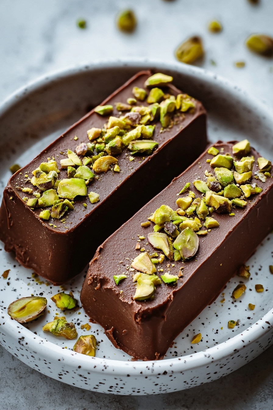 Two pieces of vegan chocolate mousse with pistachios.