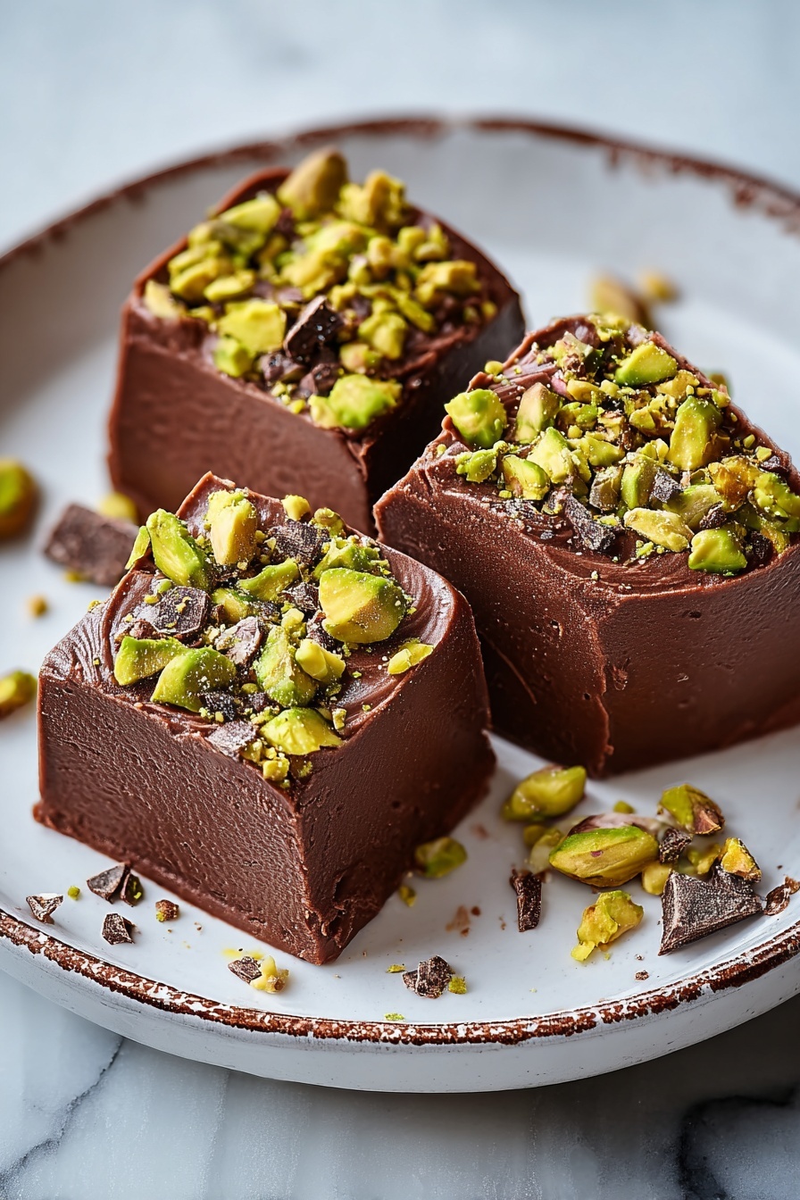 Three pieces of vegan chocolate mousse with pistachios.