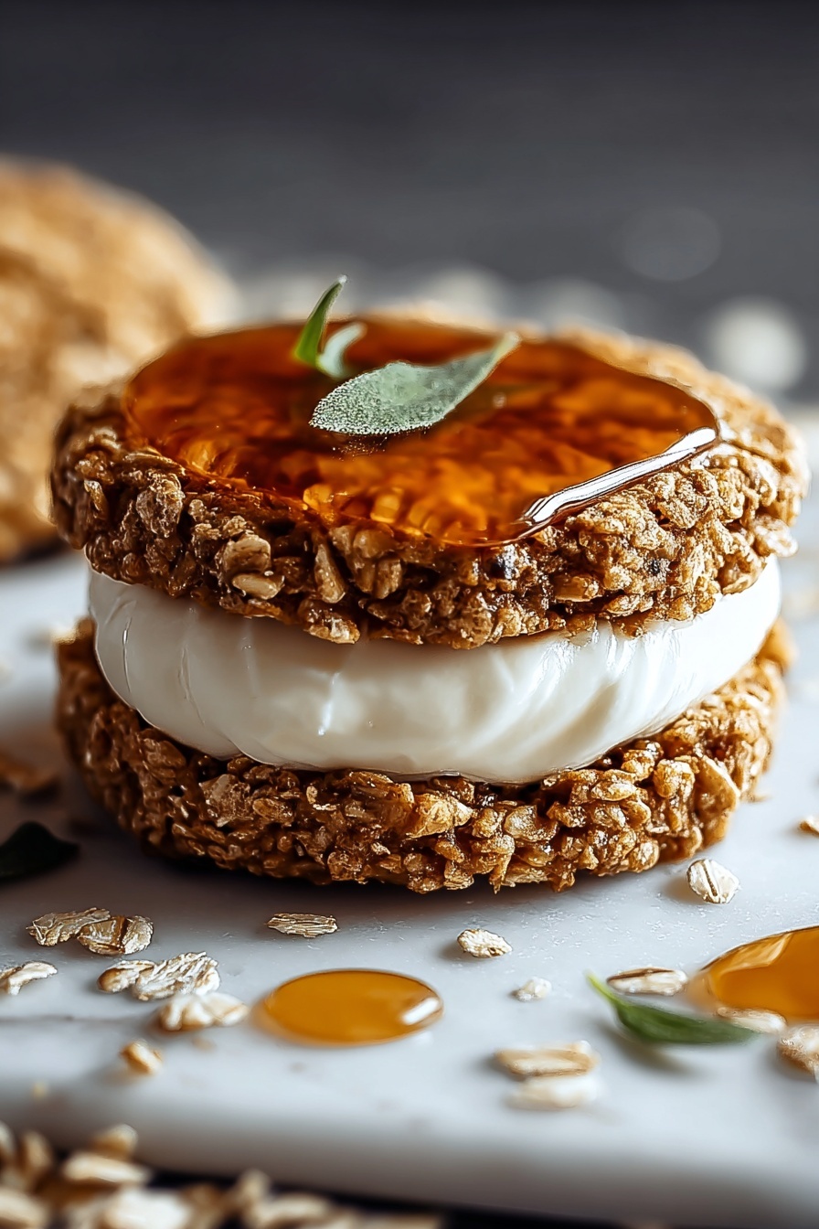 A close up of a salted caramel gingerbread oatmeal cream pie.