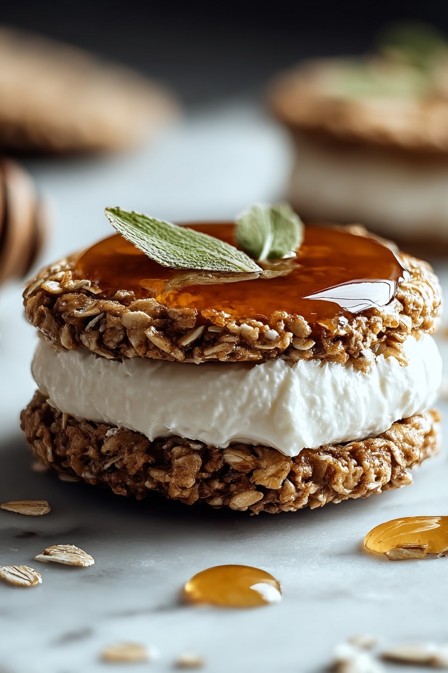 A close up of a salted caramel gingerbread oatmeal cream pie.