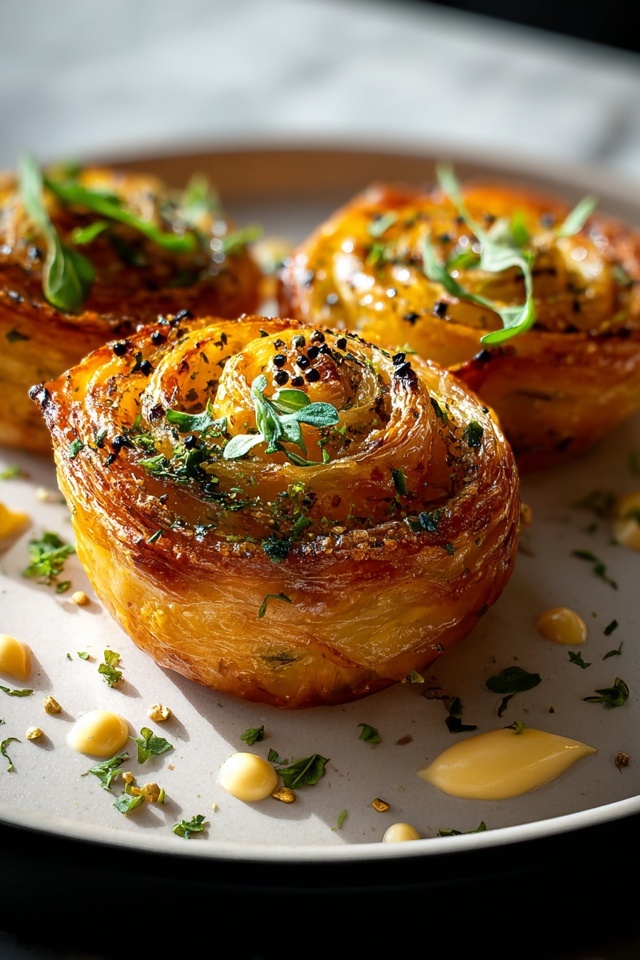 Two cheesy garlic cruffins on a plate.