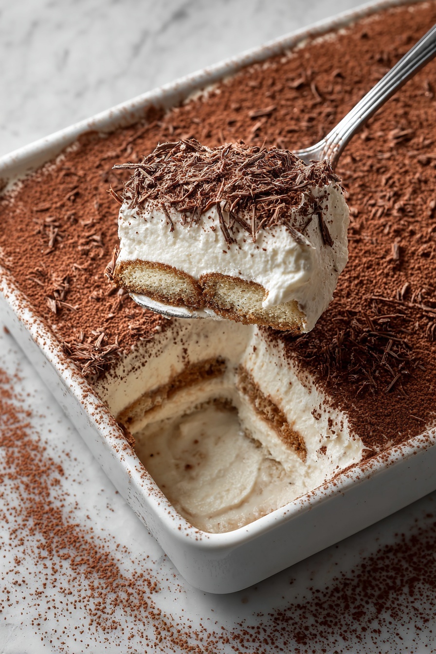 A spoon is in a bowl of high-protein coconut tiramisu.