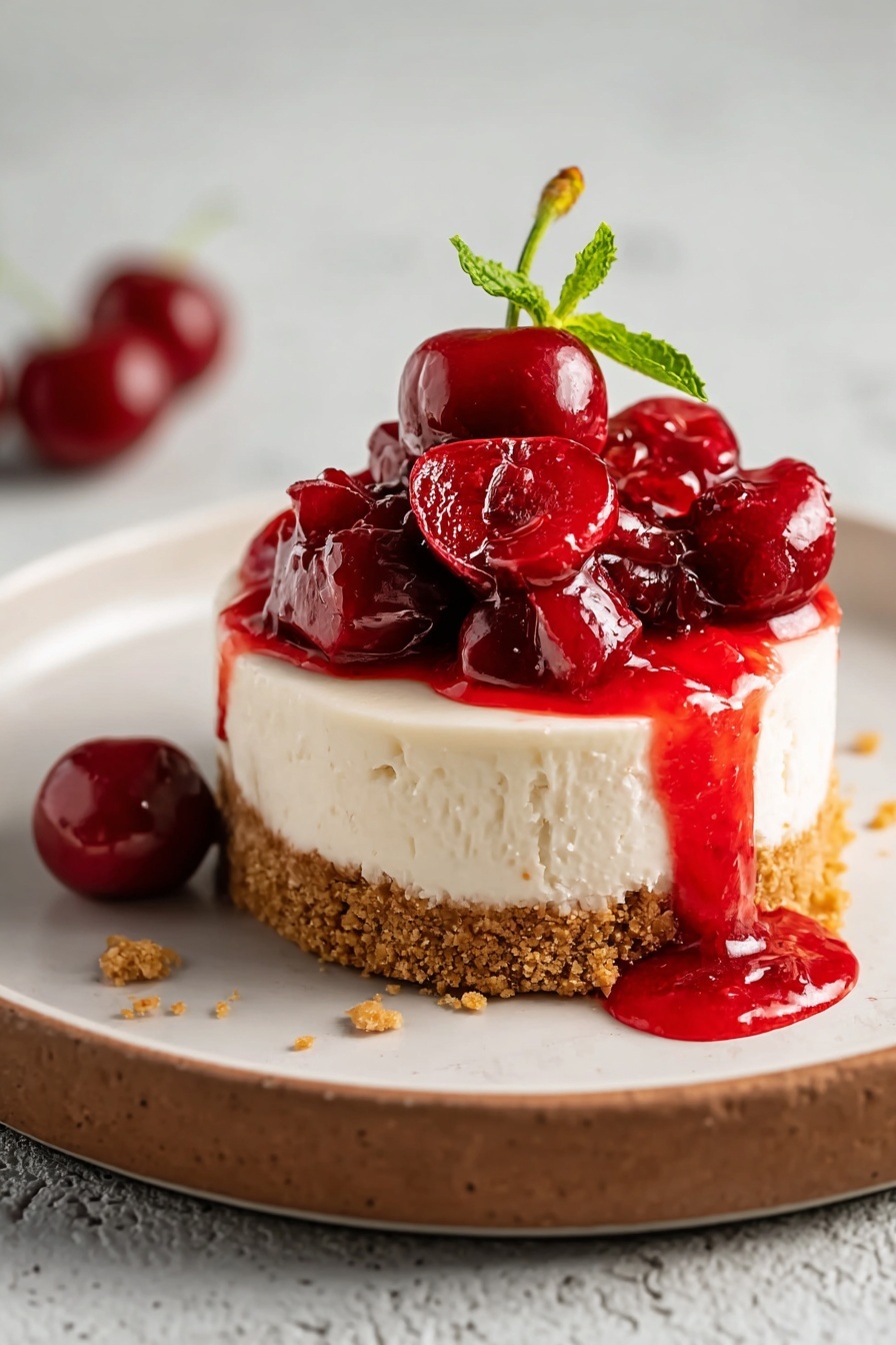 A slice of cherry cheesecake with cherries on top.
