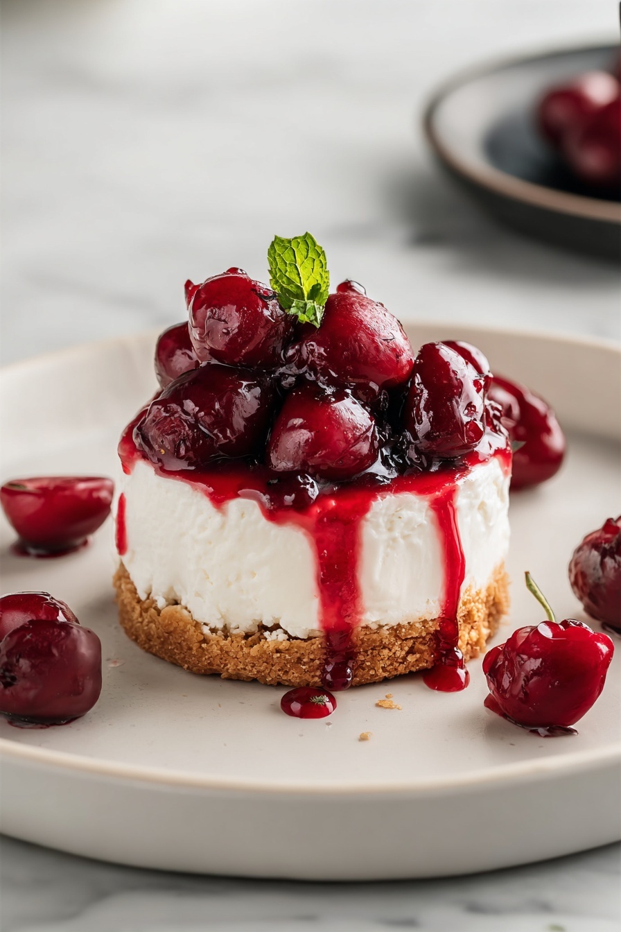 A slice of cherry cheesecake with a green leaf on top.