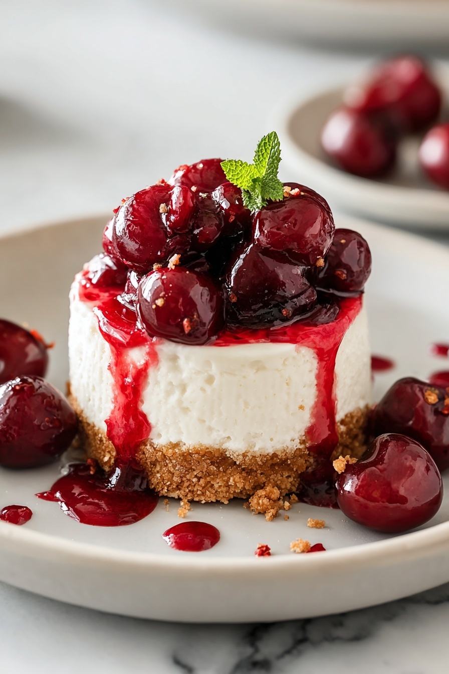 A slice of cherry cheesecake with a green leaf on top.