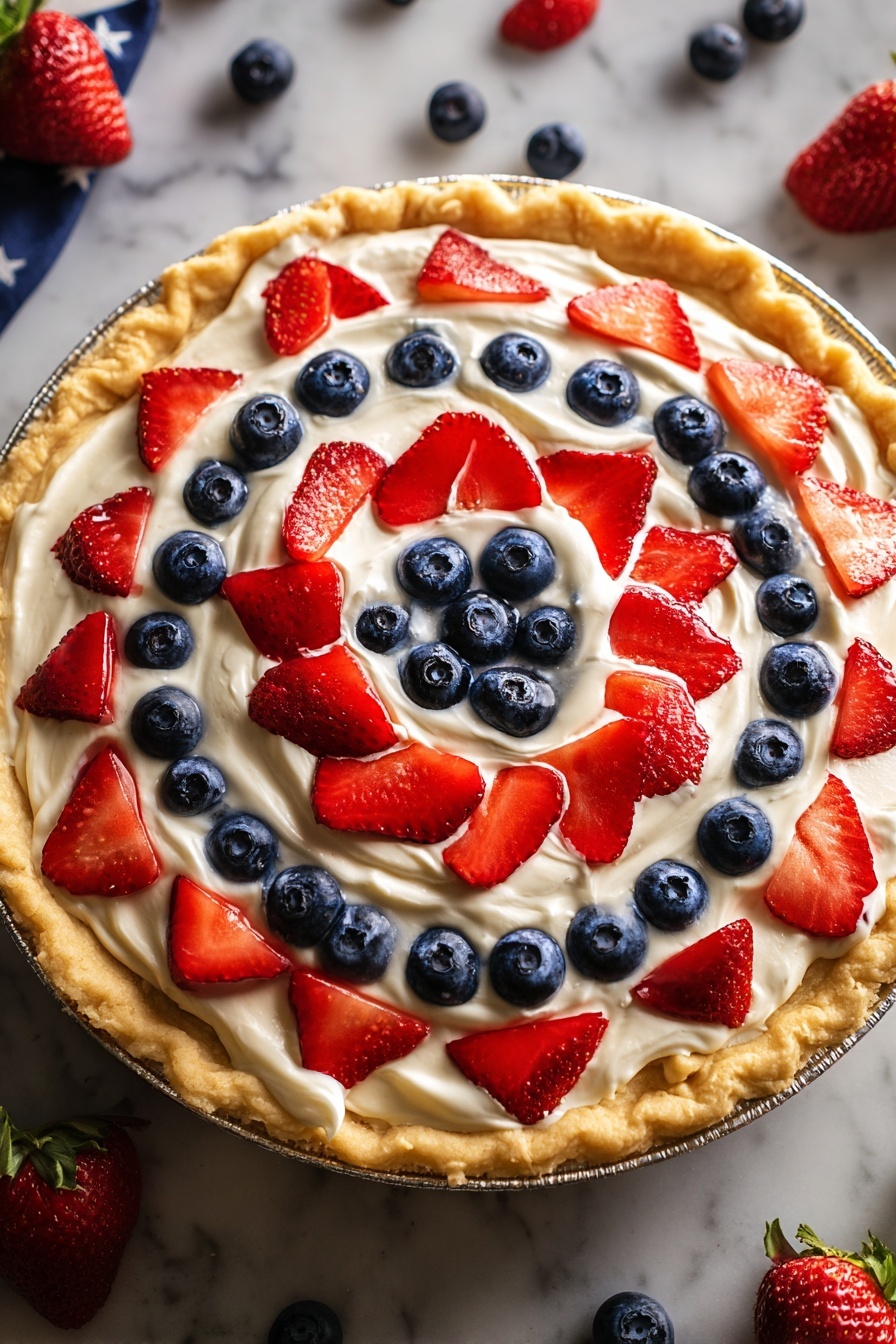 A patriotic 4th of July swirl pie with blueberries and strawberries.