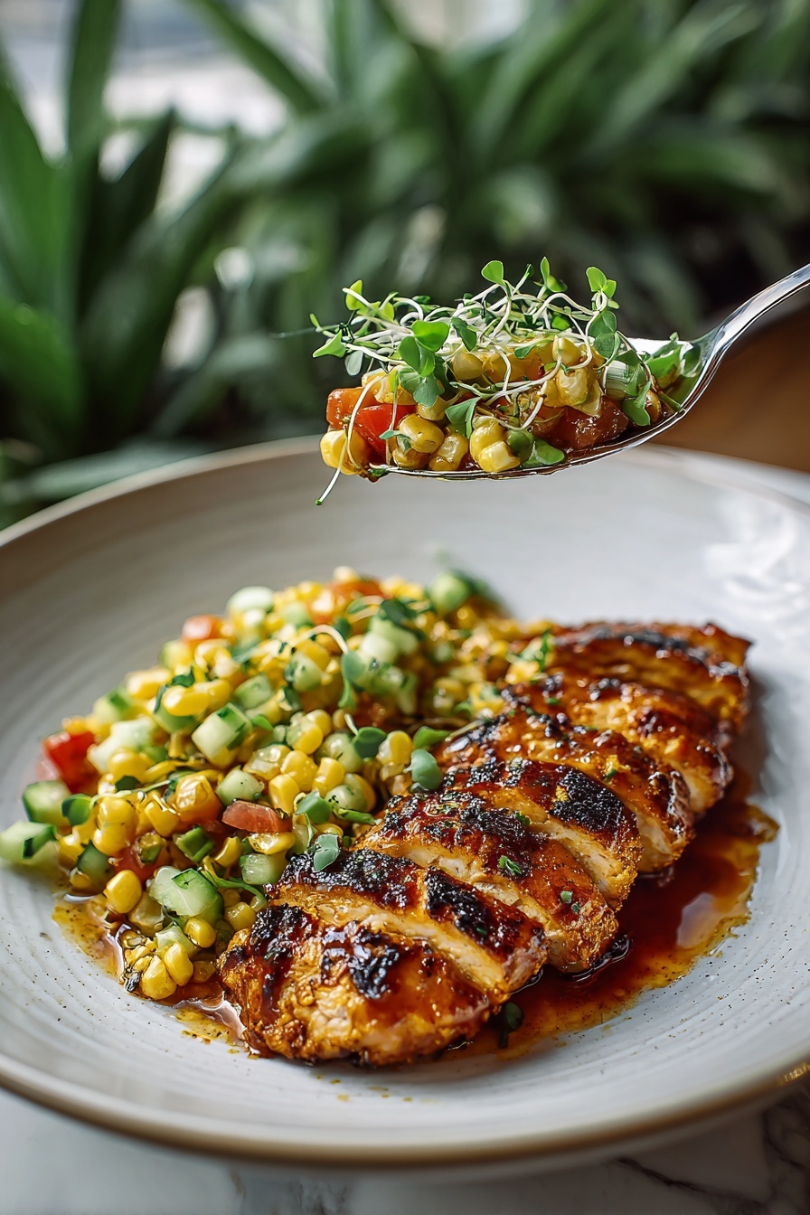 A plate of grilled chicken with a spoonful of honey on top.