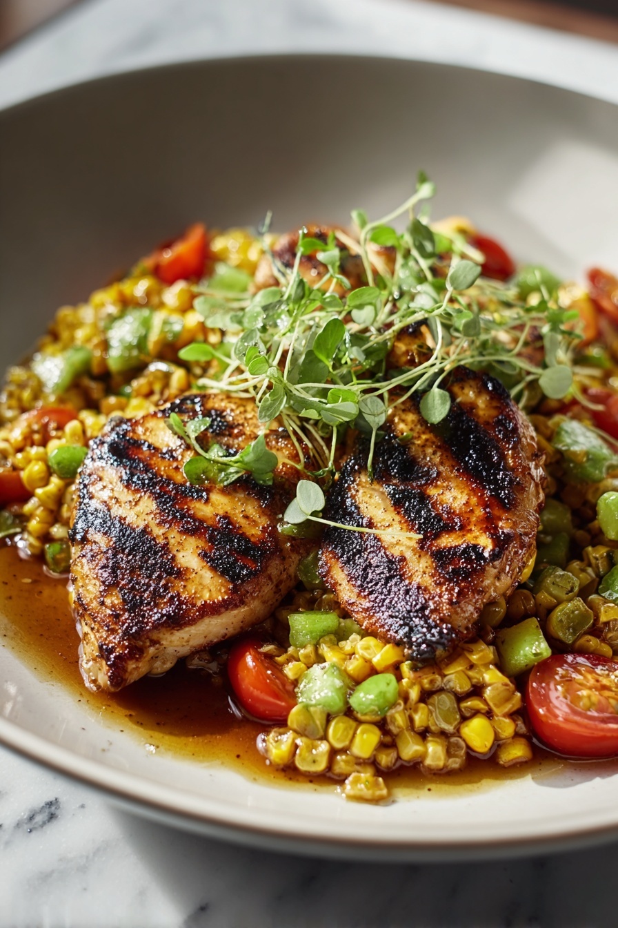 Grilled chicken with a side of corn and tomatoes.