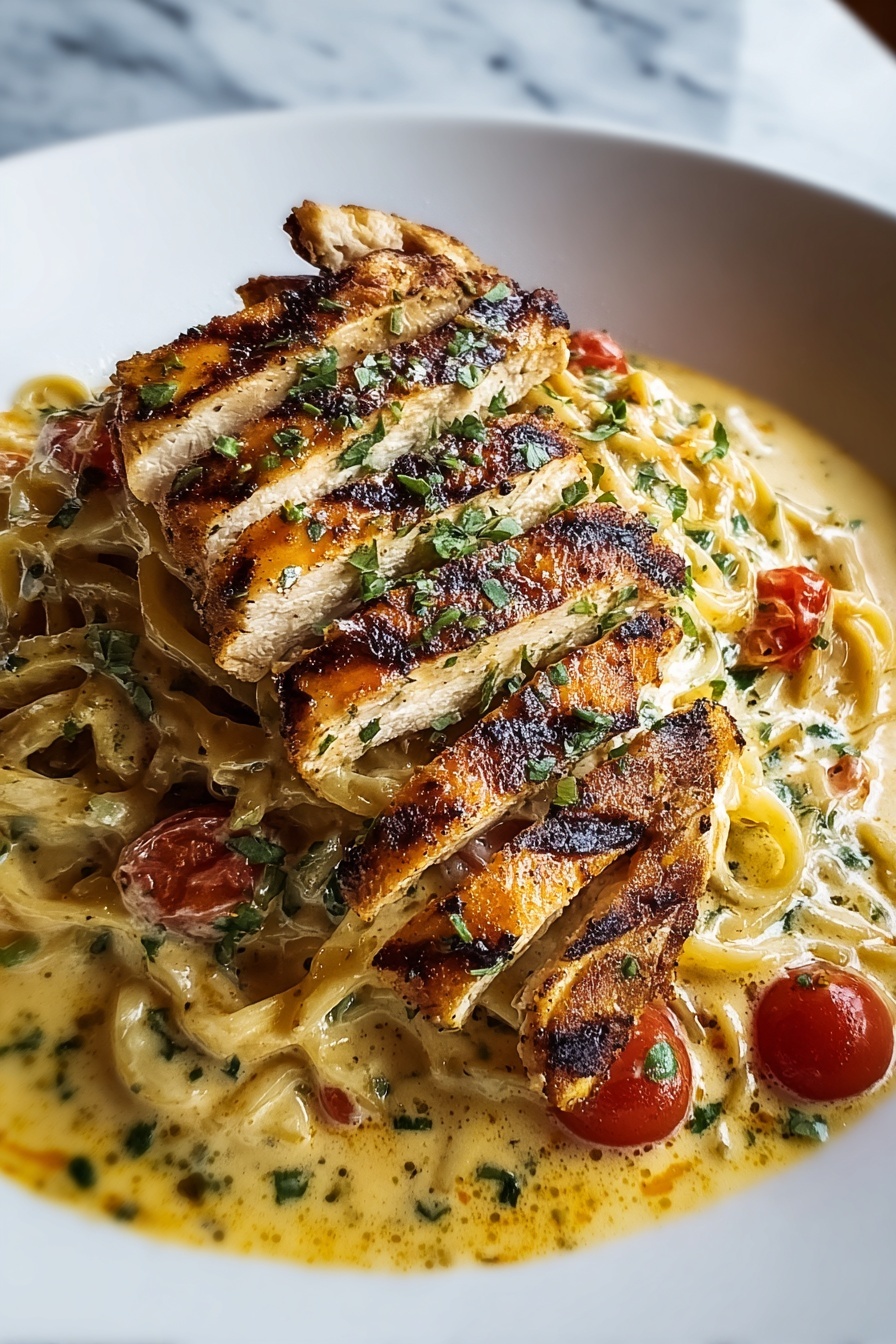 A plate of Cajun chicken and creamy Parmesan linguine.