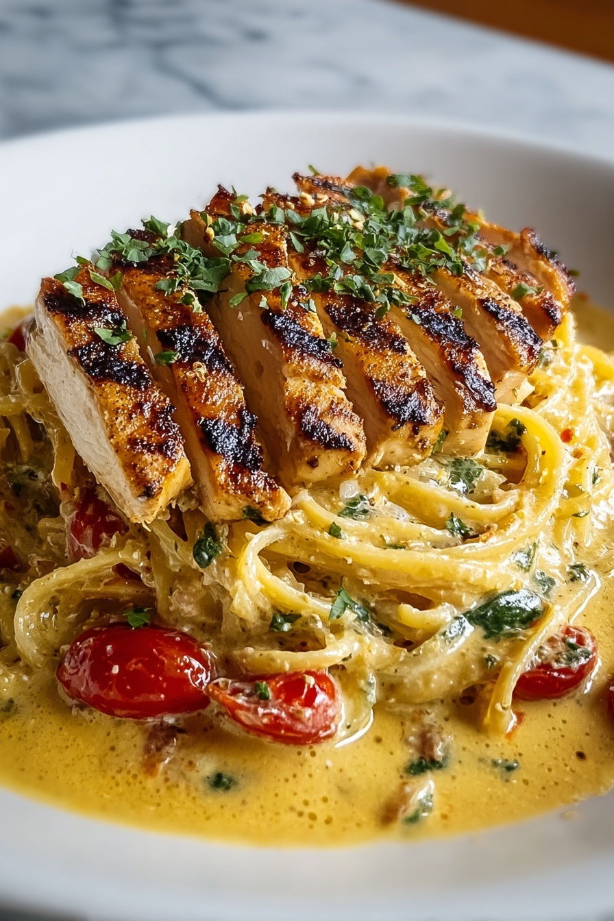 A plate of Cajun chicken and creamy Parmesan linguine.