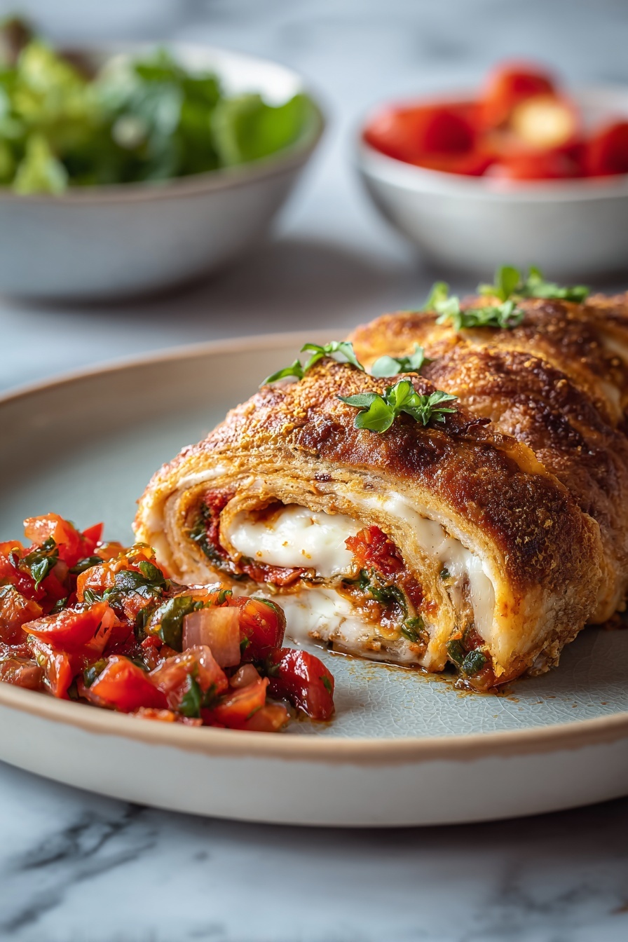 A sourdough stromboli with tomatoes and cheese.
