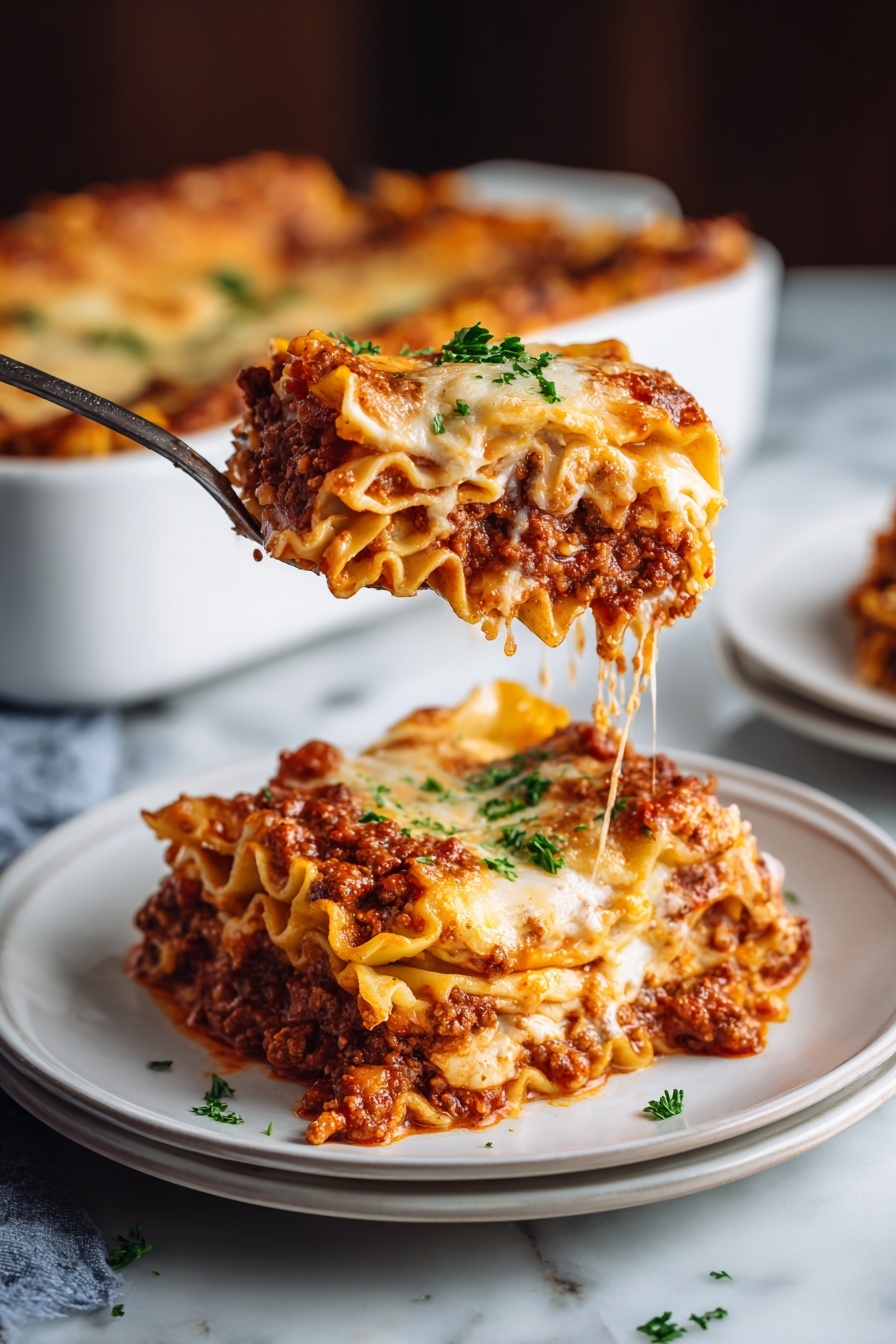 A fork is being used to cut a piece of lasagna.