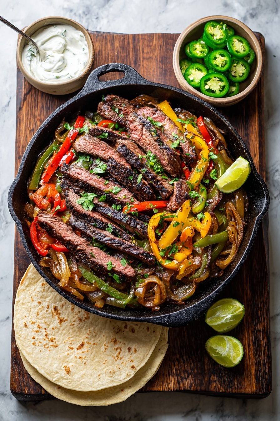 A skillet with a steak and vegetables.