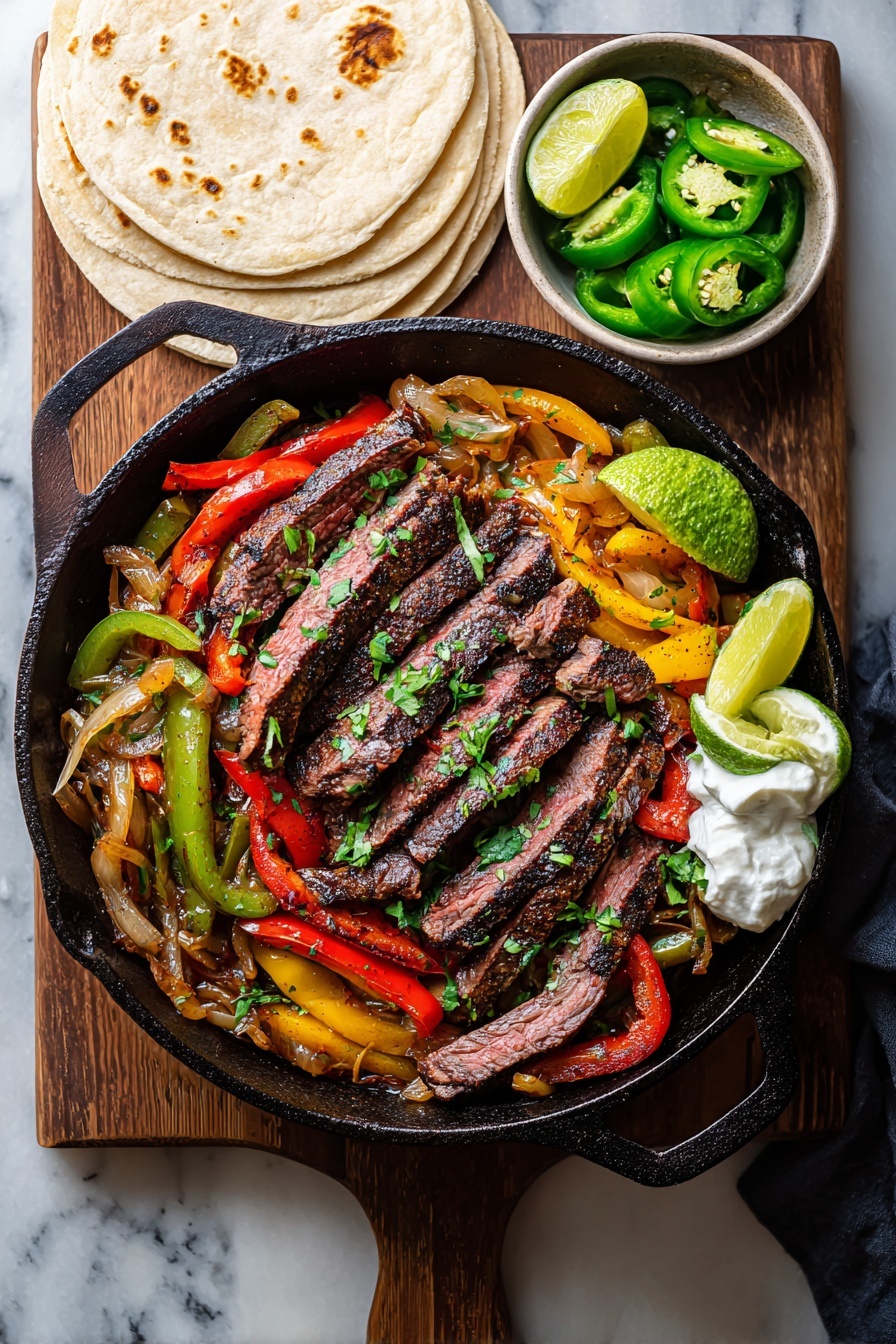A skillet with a steak and vegetables.