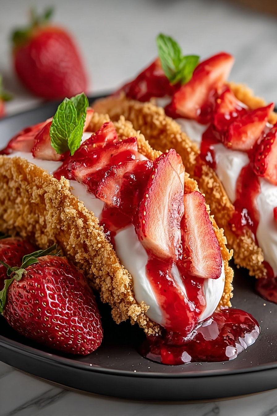 A plate of strawberry crunch cheesecake tacos.