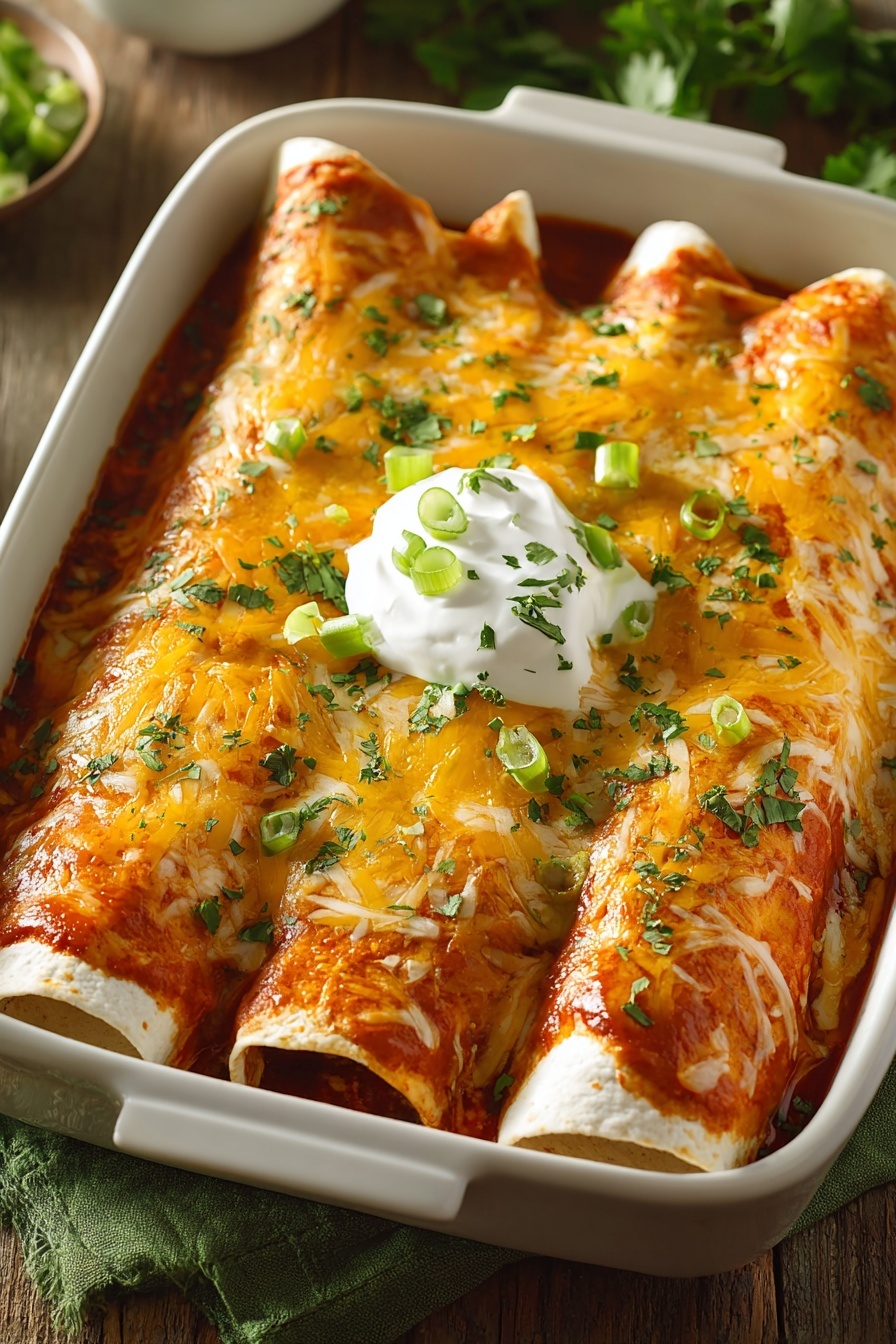 A white bowl filled with chicken and cheese enchiladas.