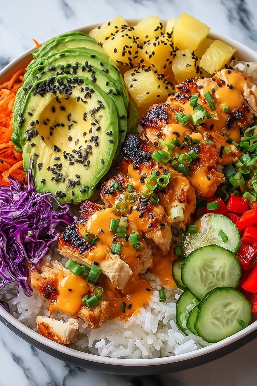 A plate of food with chicken, rice, and vegetables.