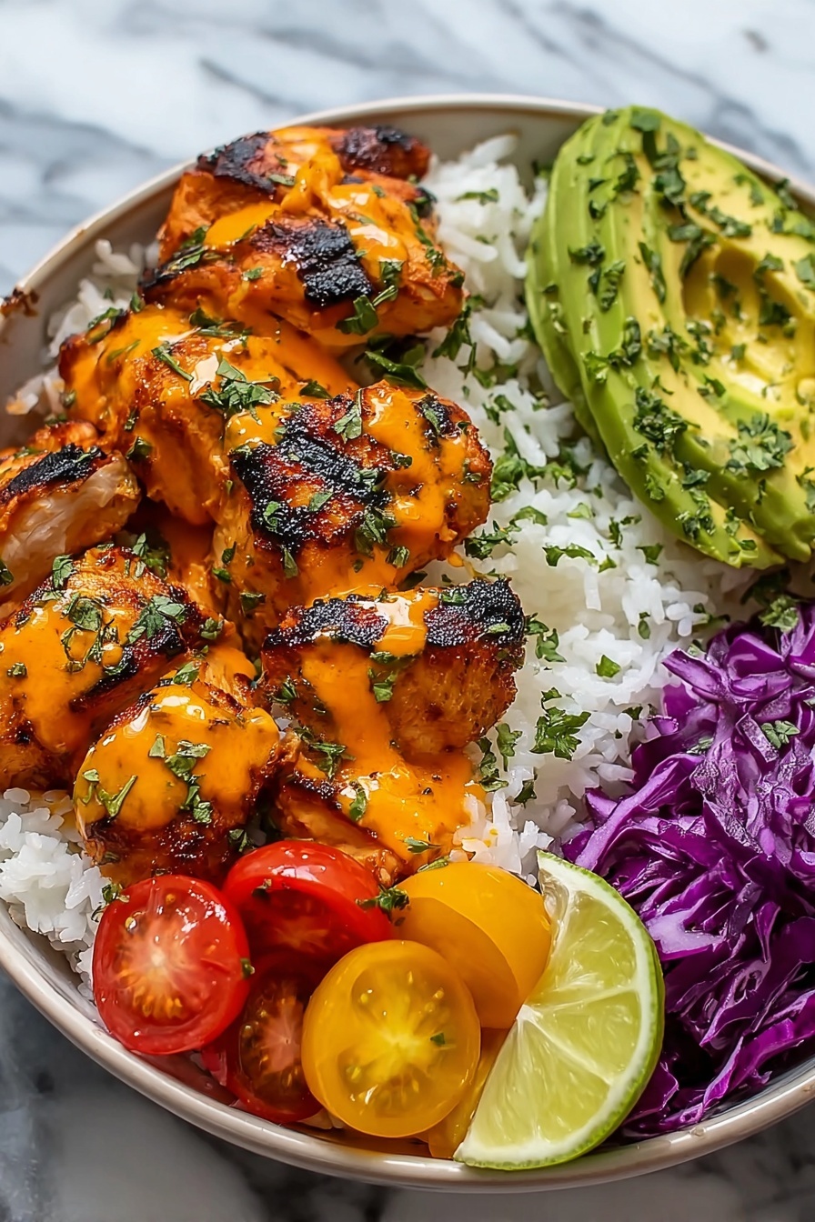 A bowl of spicy maple chicken and coconut rice.