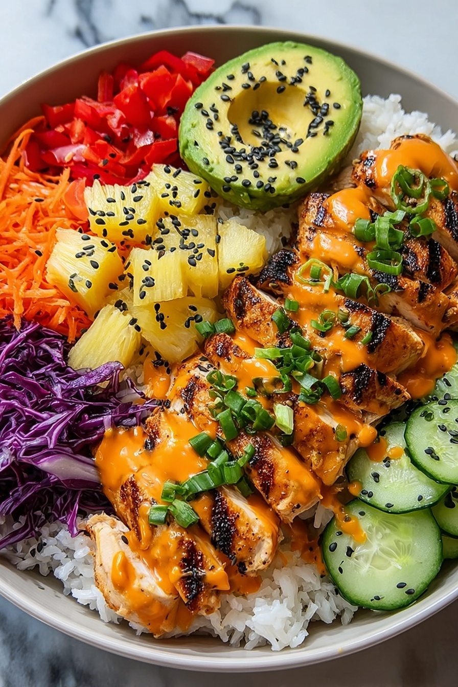 A plate of food with chicken, rice, and vegetables.