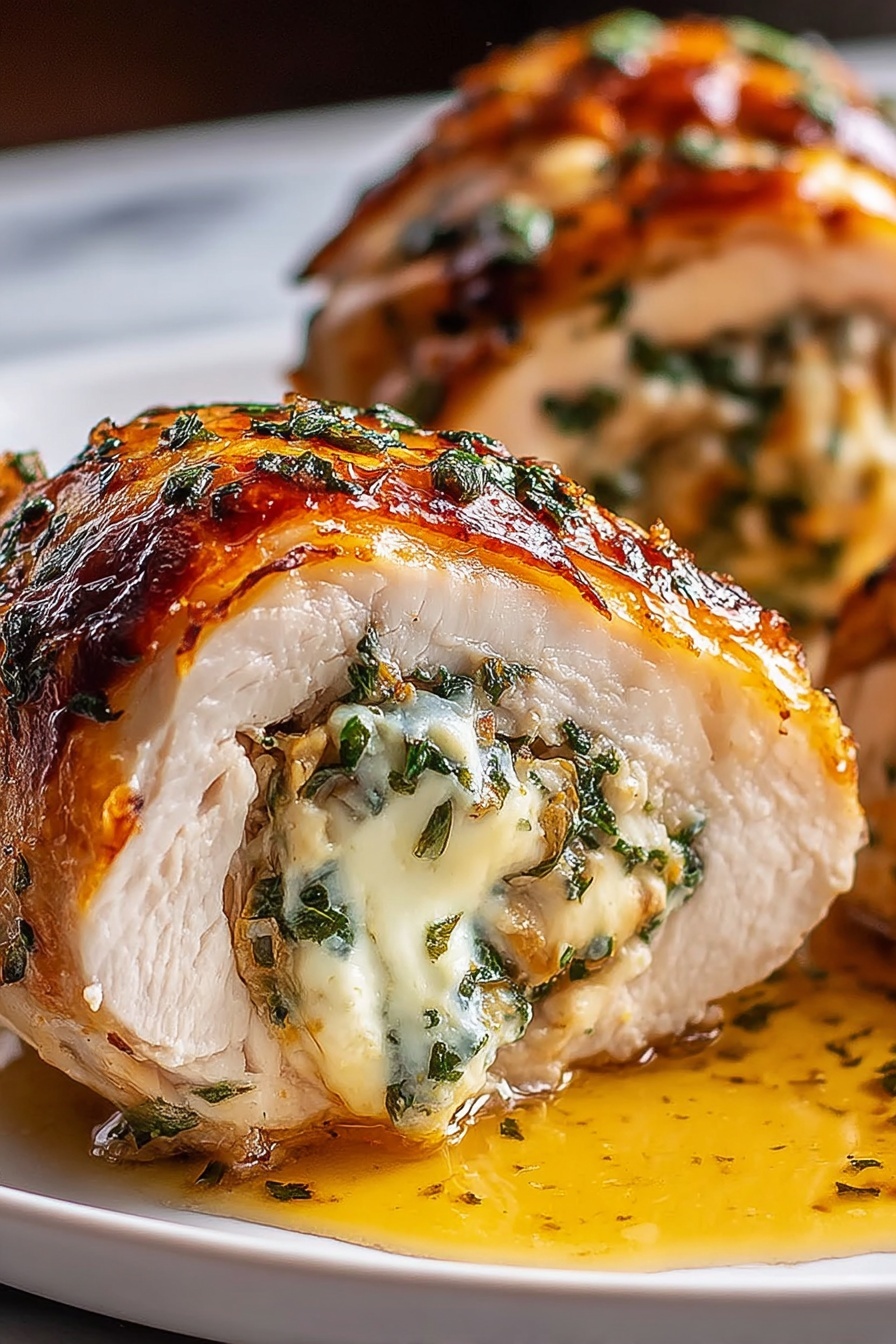A stuffed chicken dish with cheese and herbs.