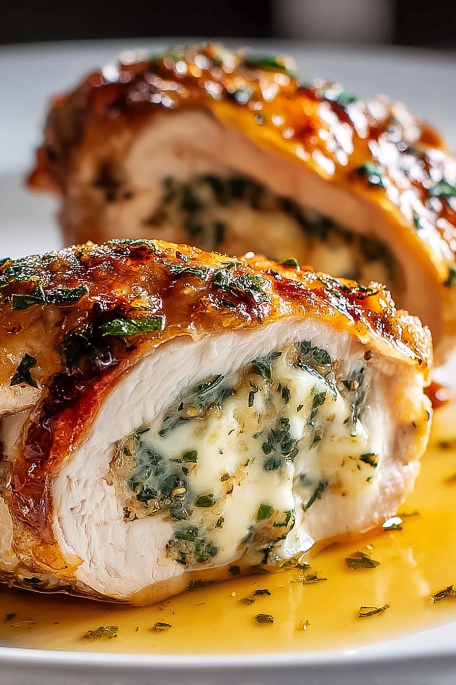 A stuffed chicken dish with cheese and herbs.