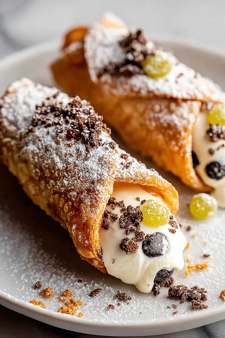 A close up of a cannoli with chocolate and white cream.
