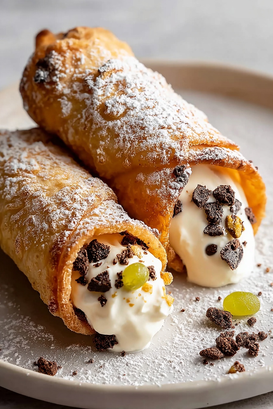 A close up of a cannoli with white cream and chocolate chips.