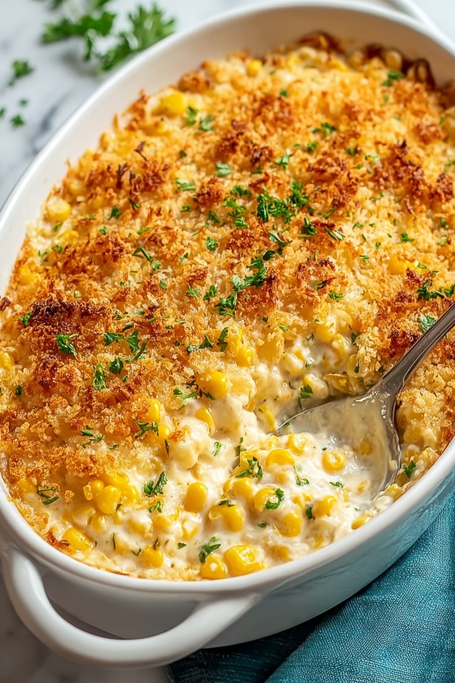 A creamy baked corn casserole with a spoon in it.