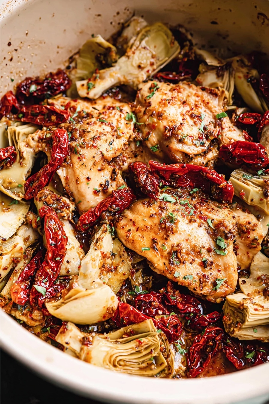 A close up of chicken thighs in a crock pot with artichokes.