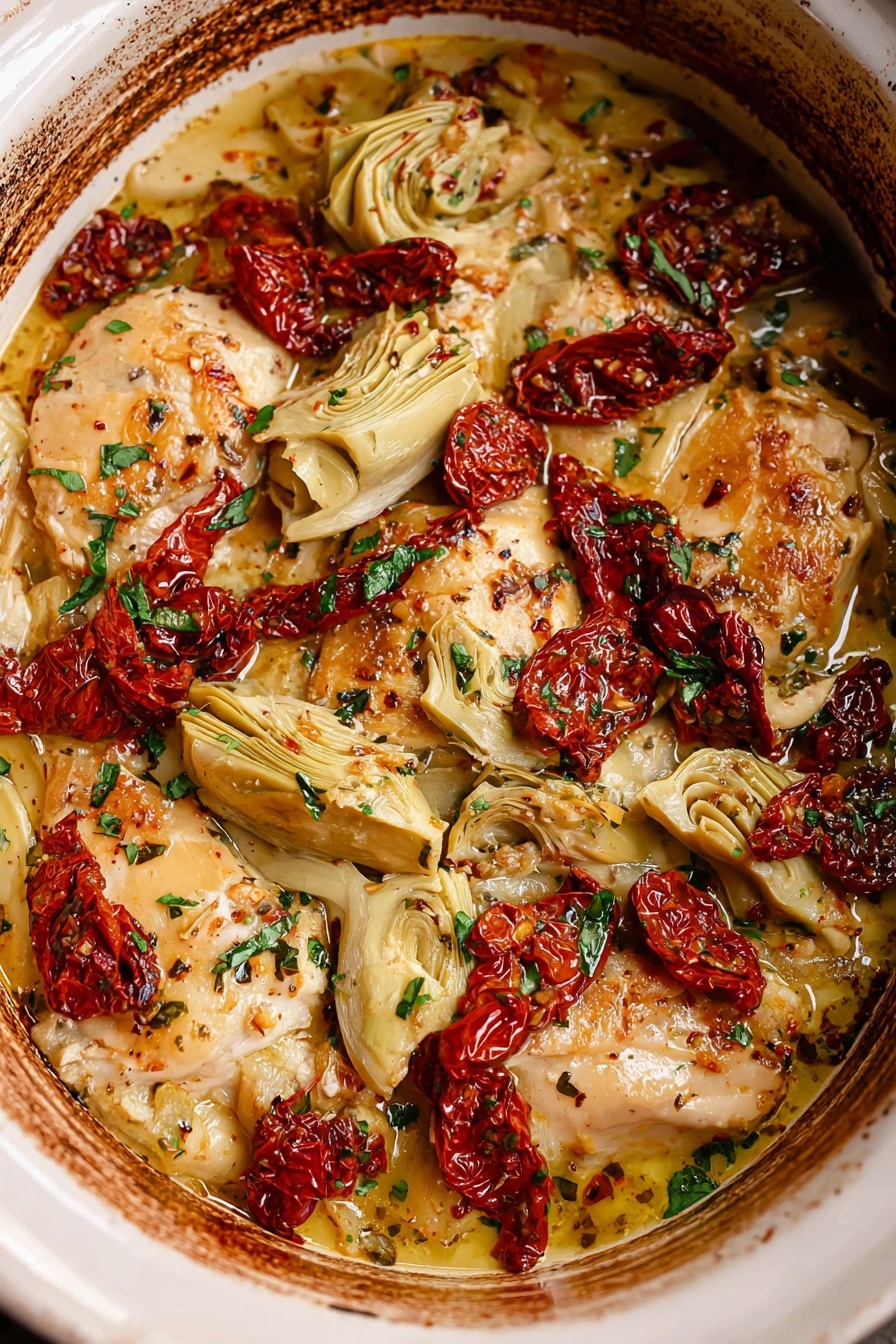 A close up of a crock pot filled with chicken thighs and artichokes.