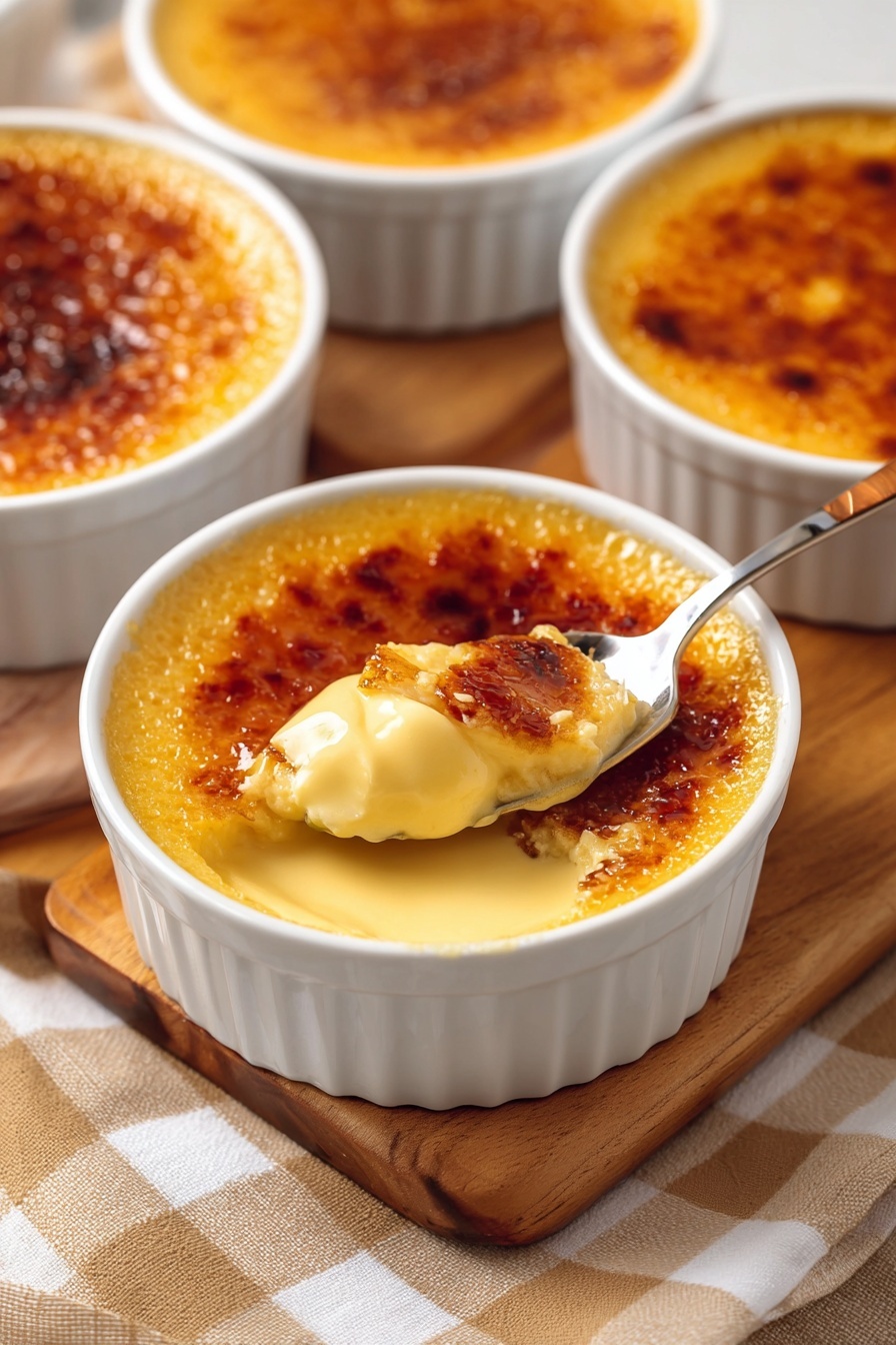 A spoon is in a bowl of eggnog crème brûlée.