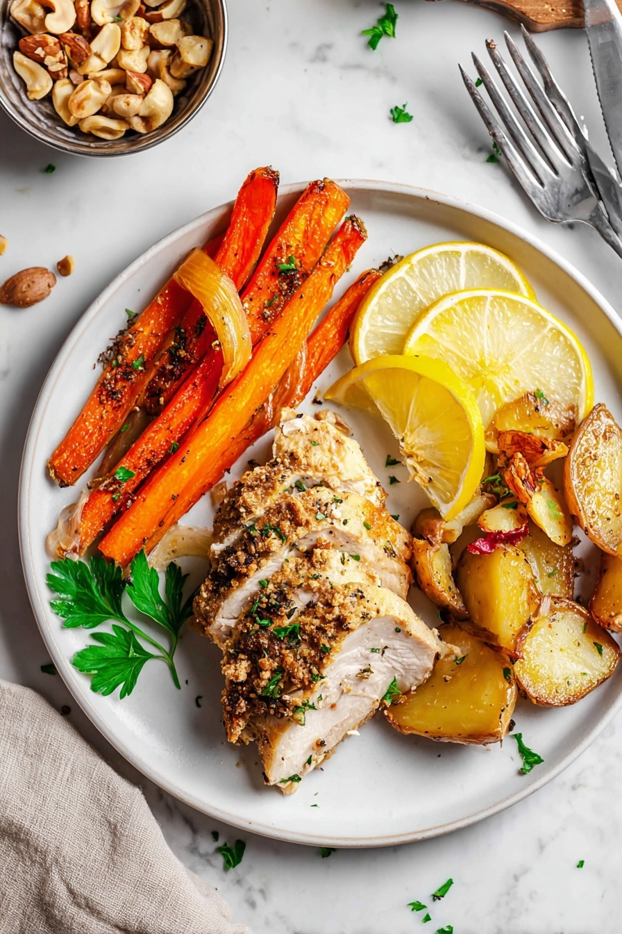 A plate of food with chicken, potatoes, carrots, and lemon.