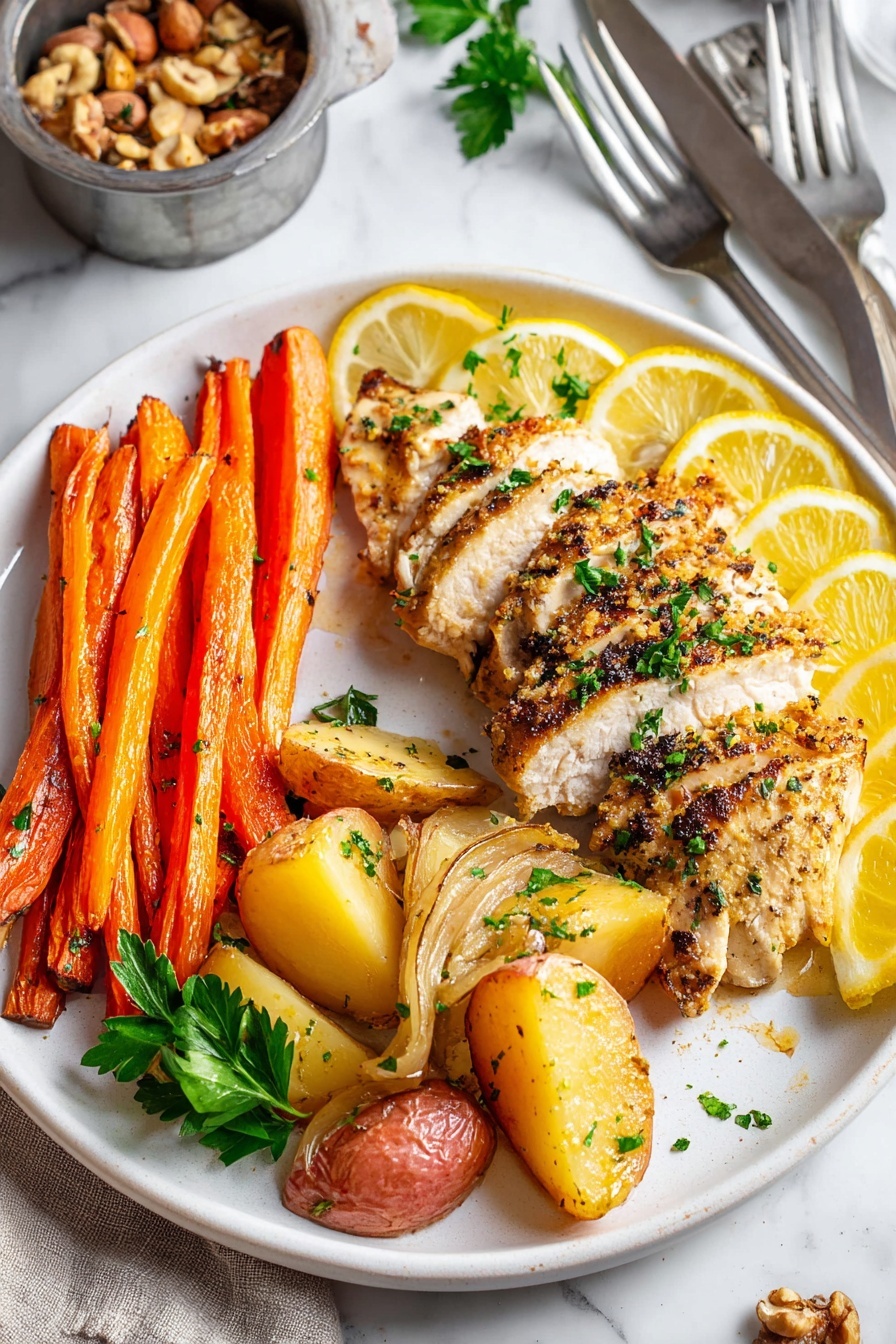 A plate of food with chicken, carrots, potatoes, and lemon wedges.