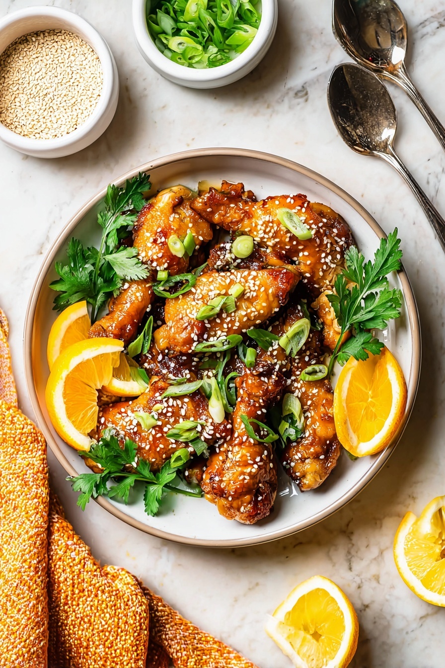 A plate of chicken drumsticks with orange slices and sesame seeds.