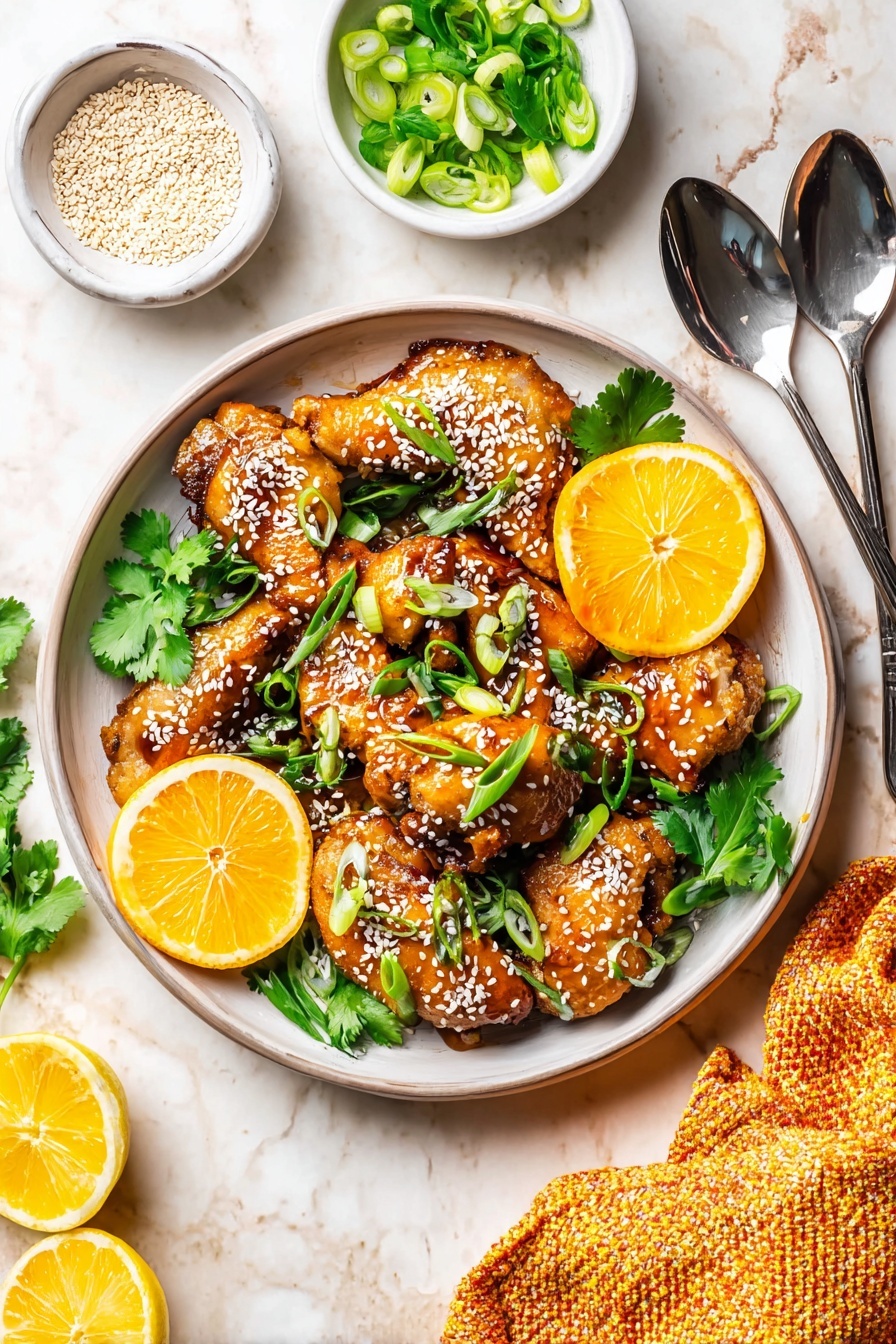 A plate of chicken drumsticks with orange slices on top.