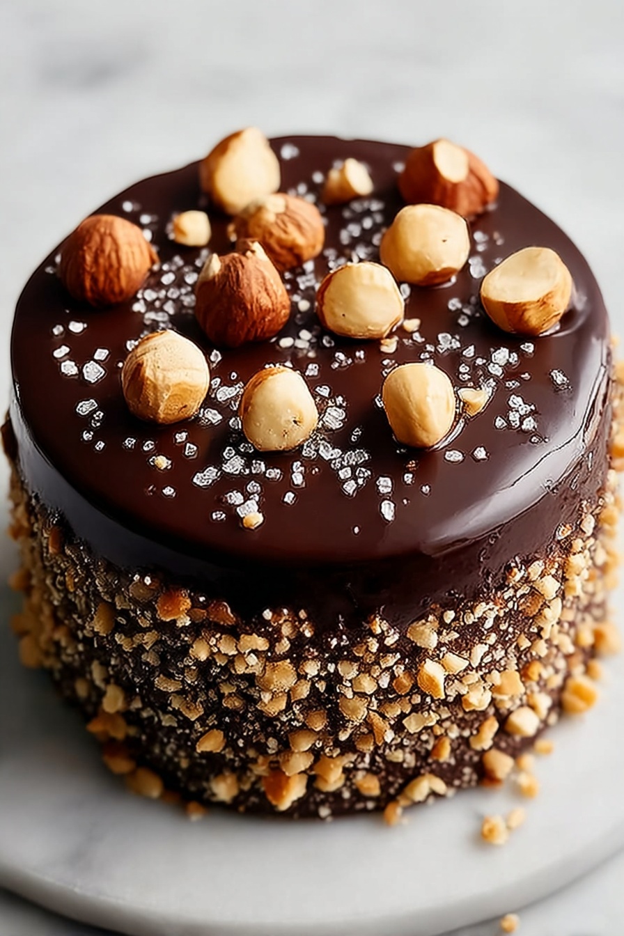 A chocolate cake with nuts on top.