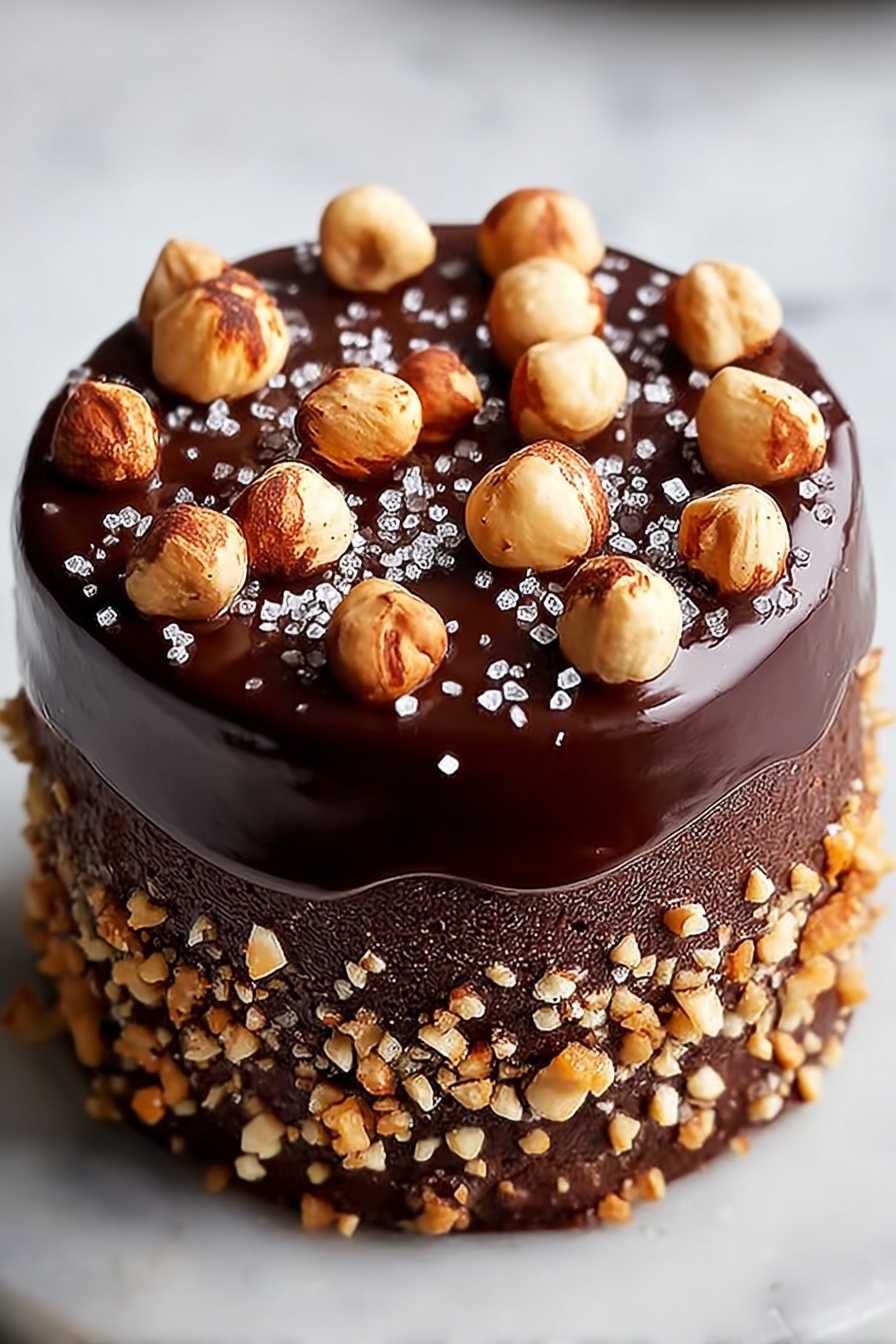 A chocolate cake with nuts on top.