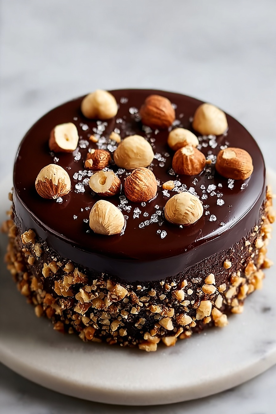 A chocolate cake with nuts on top.