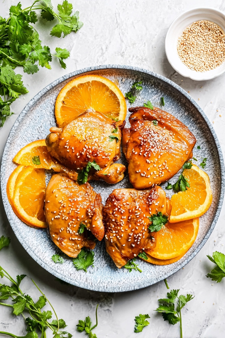 A plate of chicken with orange slices on top.