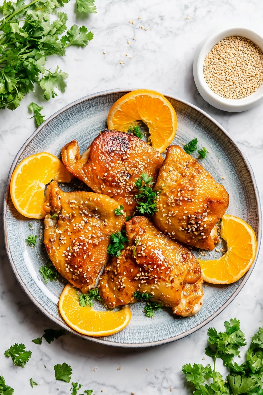 A plate of chicken with orange slices on top.