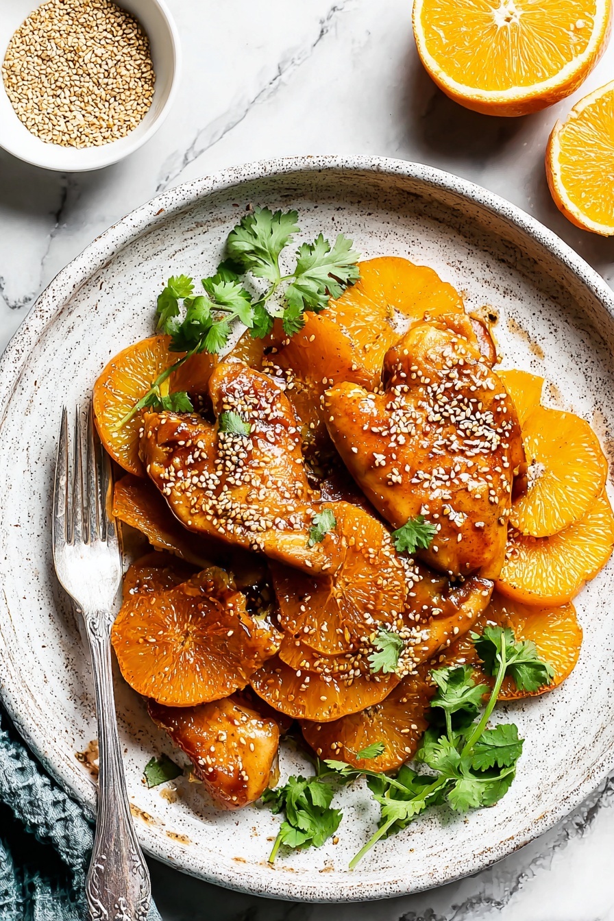 A plate of orange chicken with a fork on the side.