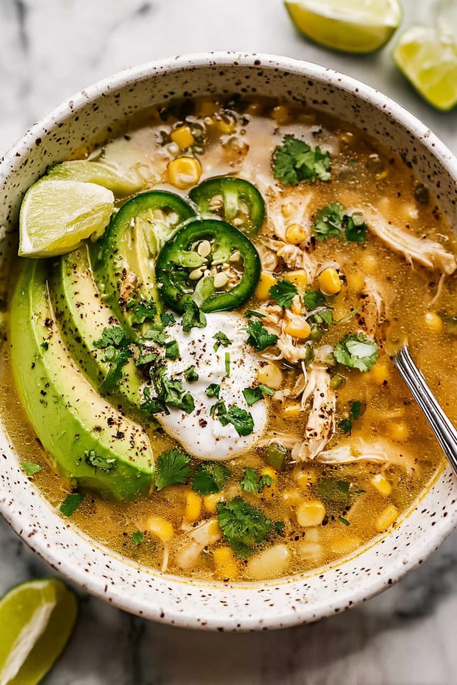 A bowl of chili with avocado, corn, and jalapenos.