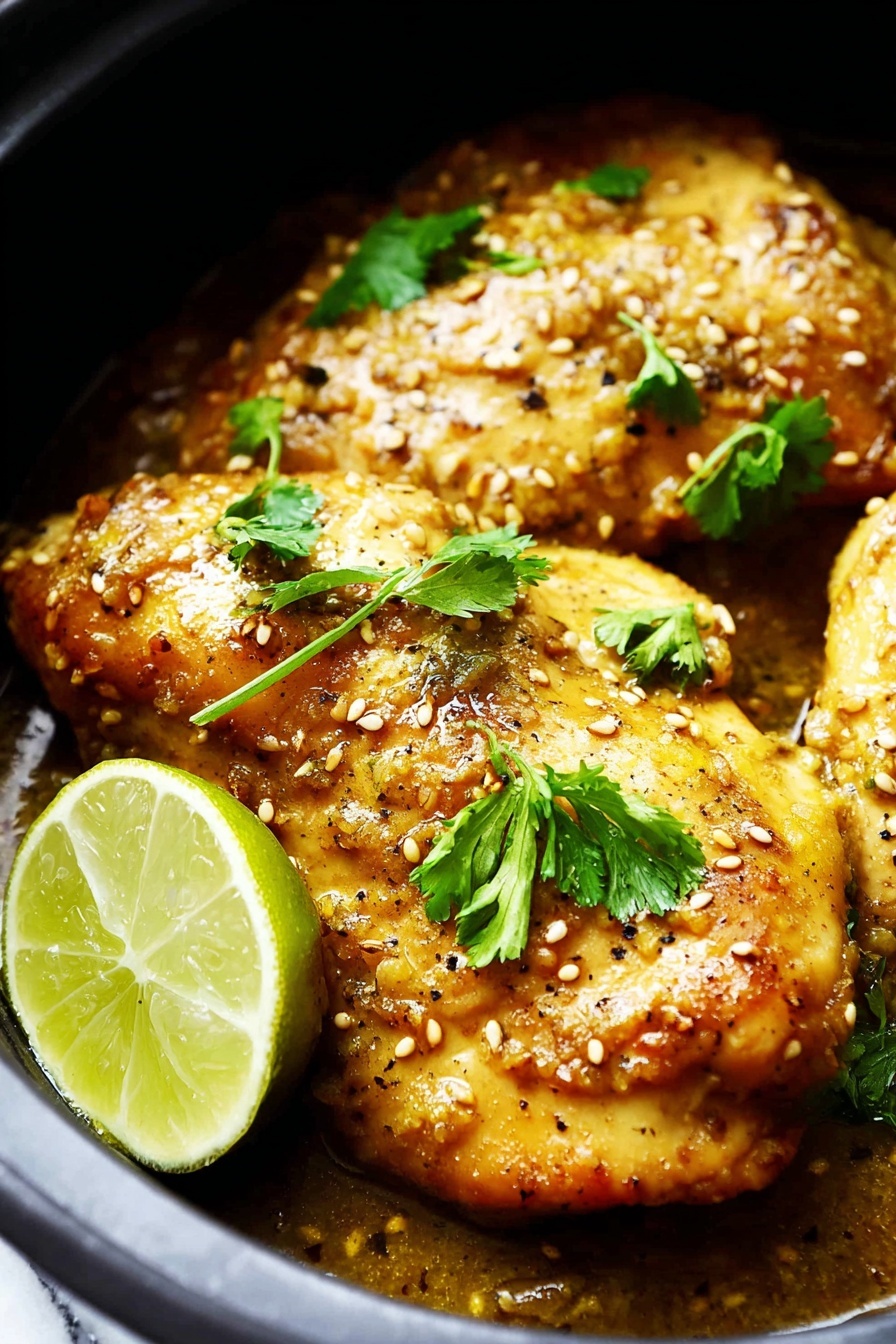 A close up of chicken with a lime wedge on top.